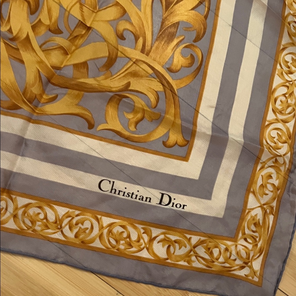 Dior Elegant Gold and Gray Scarf with Polka Dots - Picture 9 of 12